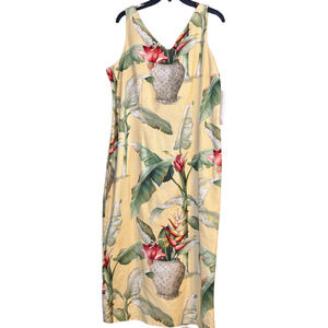 Vtge Tropical Banana Leaf Floral Beaded Shift Dress 90s Resort Wear Cruise Luau